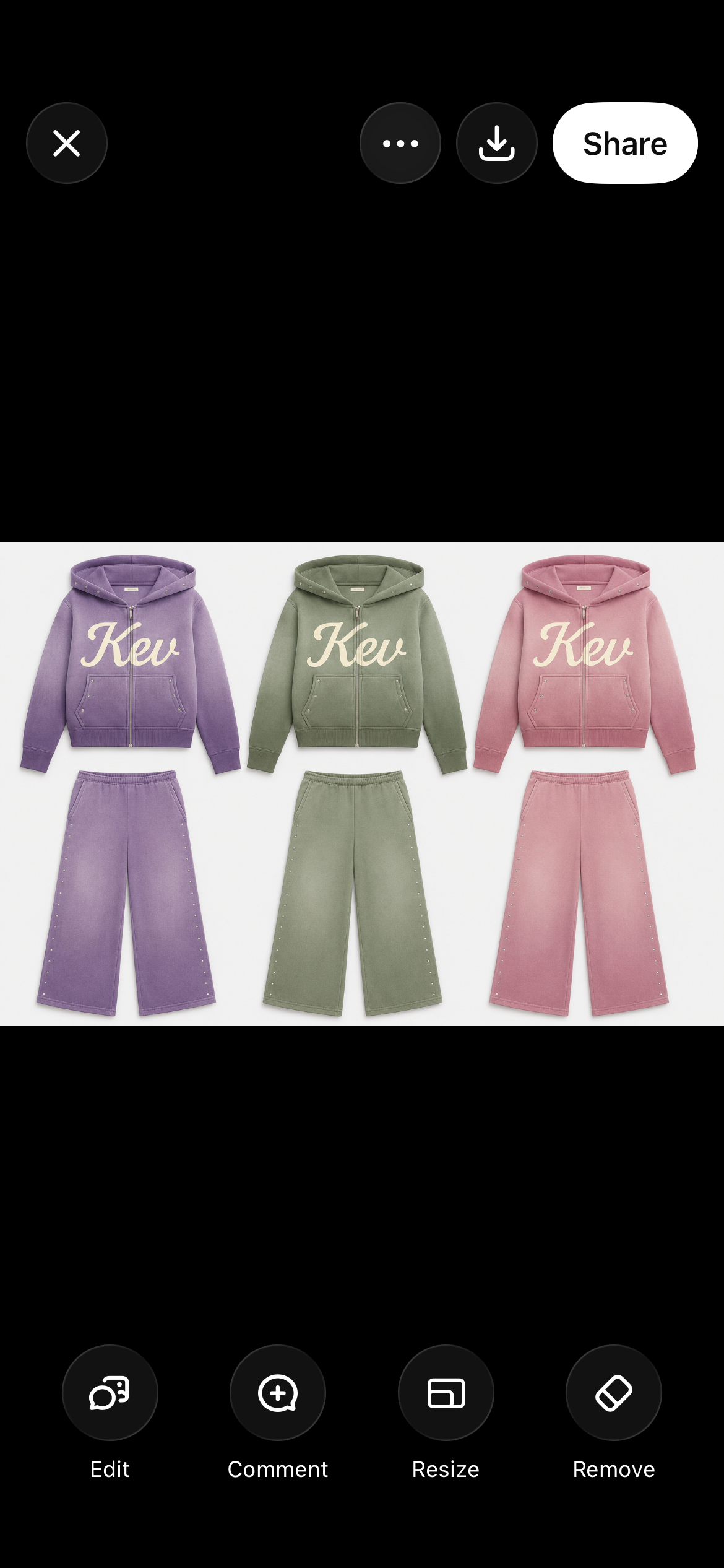 Three pastel colored hoodies and matching pants with 'Kev' spelled on the hoodies